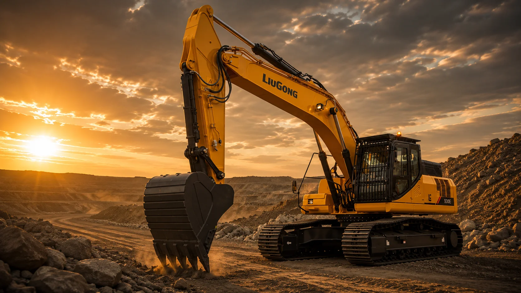 Excavadora LiuGong 930E operando sobre un montículo de tierra a cielo abierto
